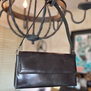 Salvatore Ferragamo Gunmetal Grey Leather Clutch Shoulder Bag, Metallic, EUC